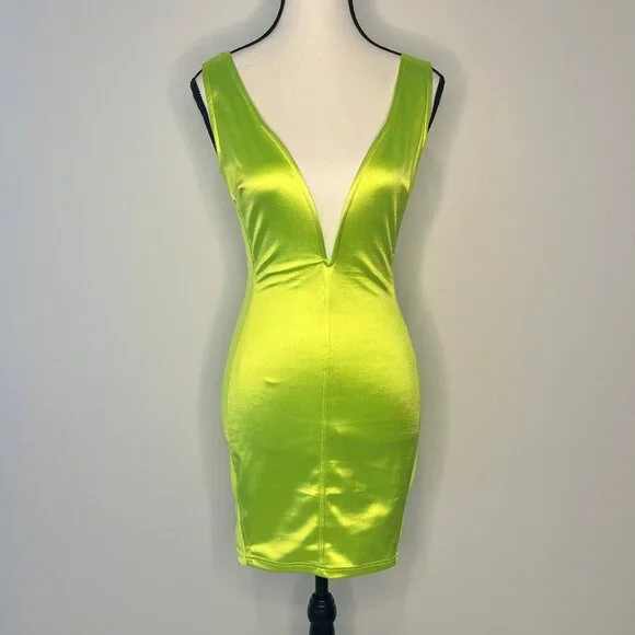 Hot Miami Styles Dresses | Hot Miami Styles - Women's Satin Neon Yellow Mini Dress W/Mesh Sides, Size Small | Color: Yellow | Size: S |
